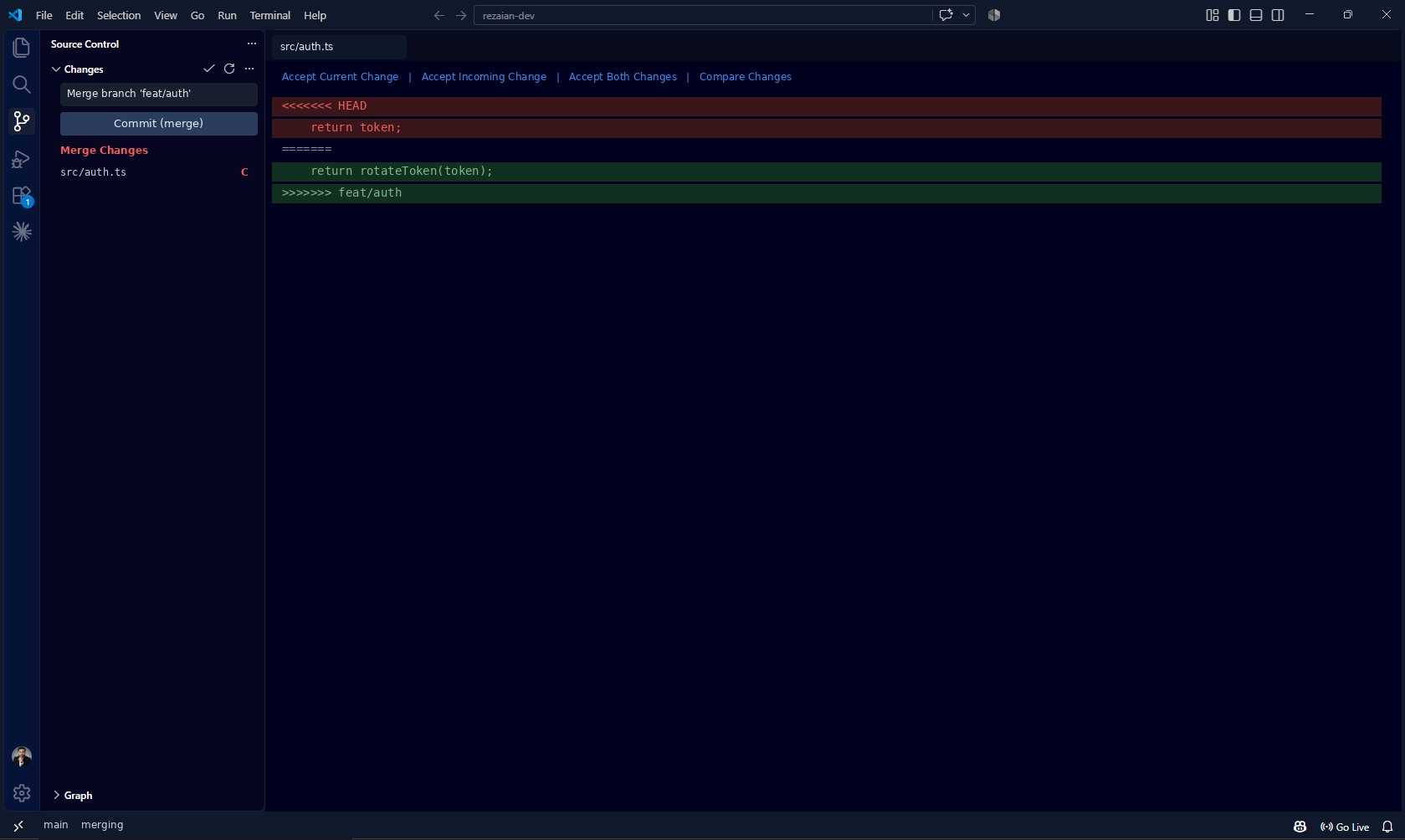 حل تعارض در VS Code