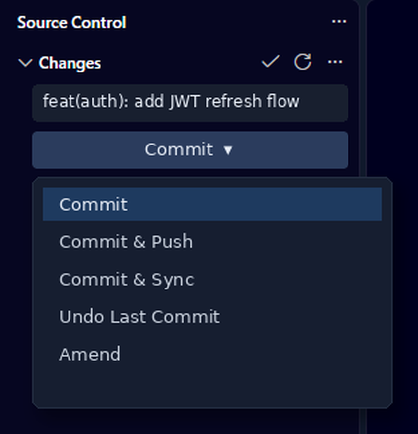 منوی Commit در Source Control