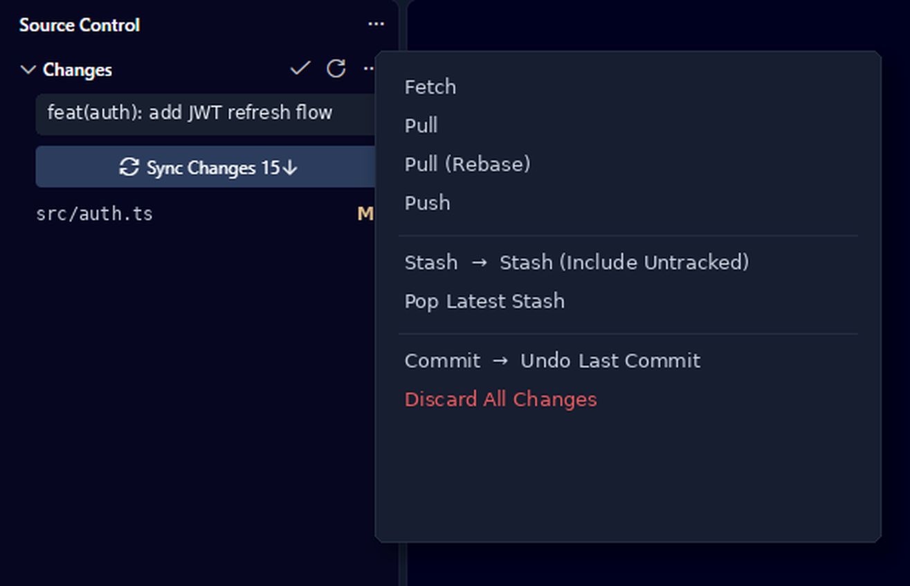 منوی Fetch Pull Stash در Source Control