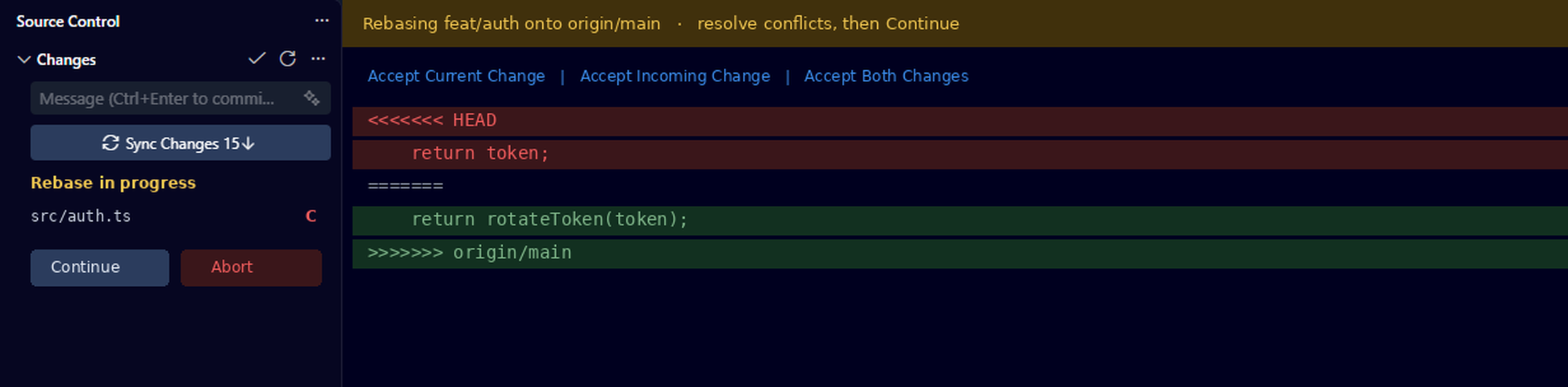 Rebase in progress در Source Control