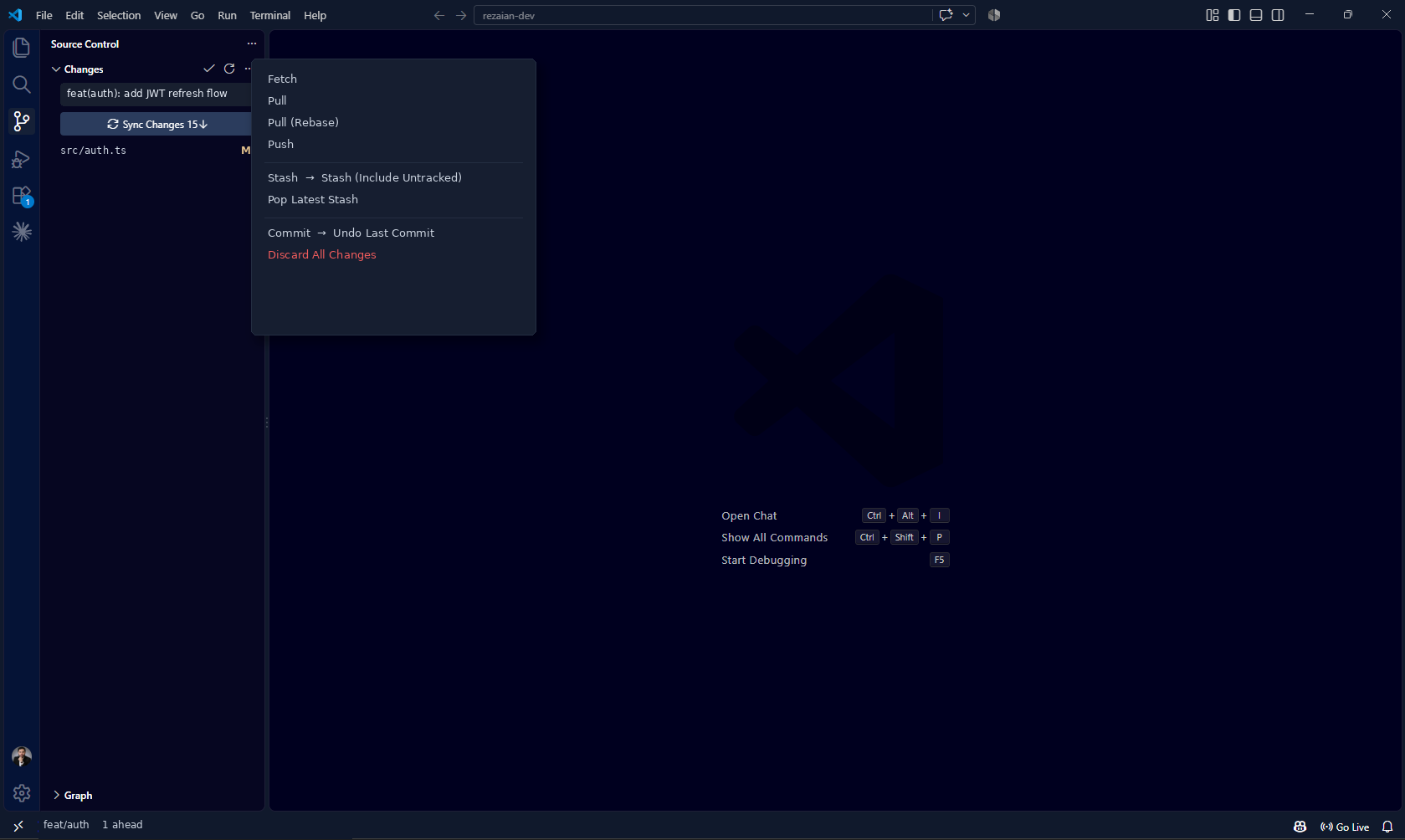 منوی Stash و Sync در VS Code