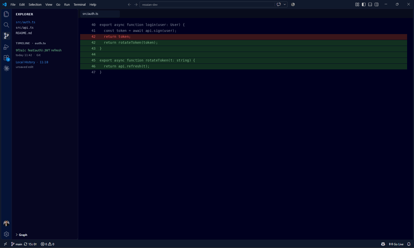Timeline فایل در VS Code